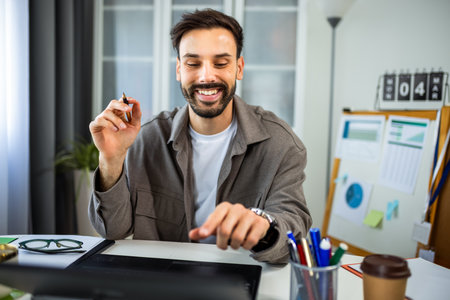 A young man working from home on his laptop in a modern, cozy home environment.の写真素材