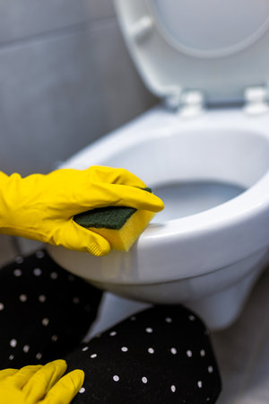A close-up shot of a toilet seat being cleaned.の写真素材