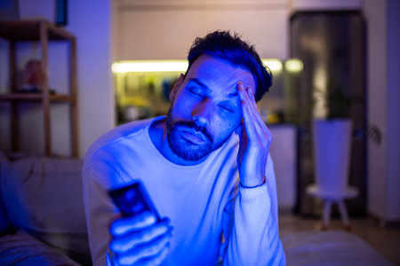 A sleepy young man watches TV in a dimly lit room, his eyes heavy with fatigue.の写真素材