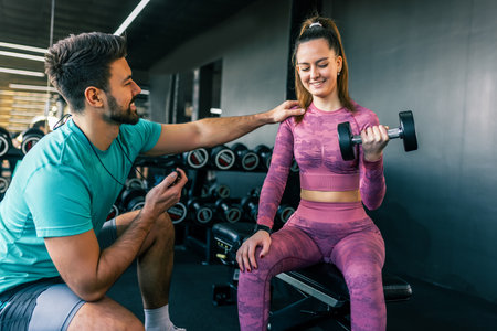A supportive young man assists a woman as she lifts weights in a modern gym.