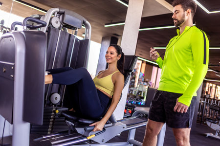 Woman trains her legs on leg press machine with the help of her personal trainer.の写真素材