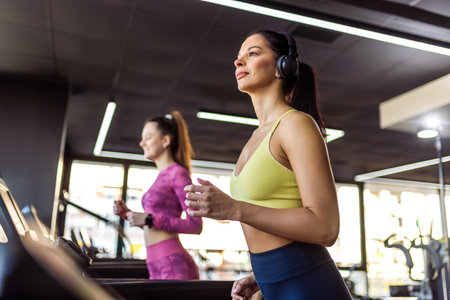 Two women run on a treadmill.の写真素材