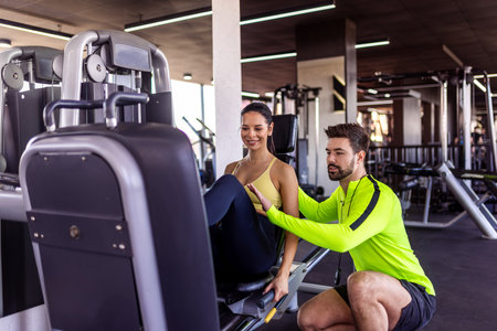 Woman trains her legs on leg press machine with the help of her personal trainer.の写真素材