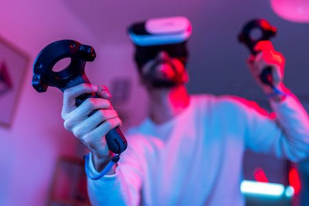 A young man is immersed in a video game experience using a virtual reality headset.