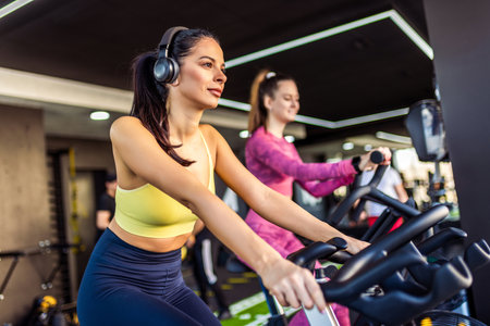 Two women ride a stationary bike in the gym.