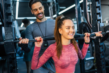 Male personal trainer helping girl do barbell squats in the gym.