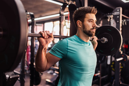 Athletic man does barbell squats in the gym.の写真素材