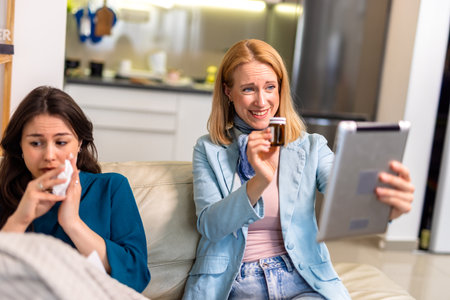 In a cozy home setting, two best friends sit together â one of them is sick and resting, while the other holds a digital tablet, consulting a doctor via video call.の写真素材
