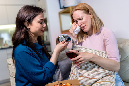 In a quiet living room, two best friends share a deeply emotional moment. One is crying while pouring a glass of red wine, overwhelmed with feelings, and the other gently comforts herâoffering a slice of pizza and emotional support.の写真素材