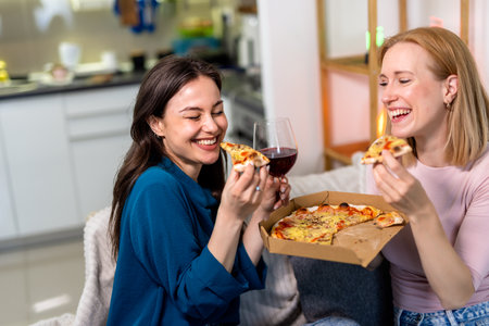 Two best friends are having a cozy and fun night in the living room, enjoying slices of pizza and...