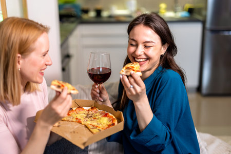 Two best friends are having a cozy and fun night in the living room, enjoying slices of pizza and glasses of red wine. Laughter fills the space as they relax in comfy clothes, sharing stories and making memories.の写真素材