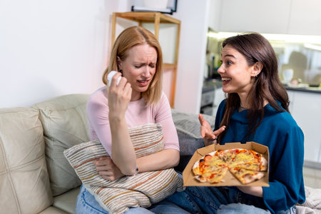 In a quiet living room, two best friends share a deeply emotional moment. One is crying while overwhelmed with feelings, and the other gently comforts herâoffering a slice of pizza and emotional support.の写真素材