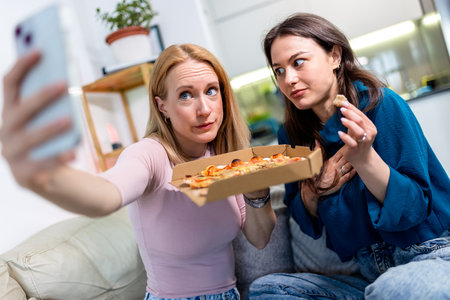 Two best friends are enjoying a fun night at home, sharing pizza and red wine in the living room. In the middle of laughter and good conversation, they pause to snap a selfie.の写真素材