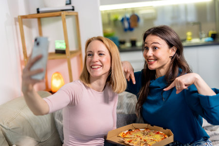 Two best friends are enjoying a fun night at home, sharing pizza and red wine in the living room. In the middle of laughter and good conversation, they pause to snap a selfie.の写真素材