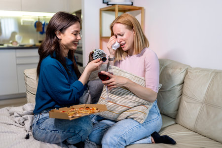 In a quiet living room, two best friends share a deeply emotional moment. One is crying while pouring a glass of red wine, overwhelmed with feelings, and the other gently comforts herâoffering a slice of pizza and emotional support.の写真素材