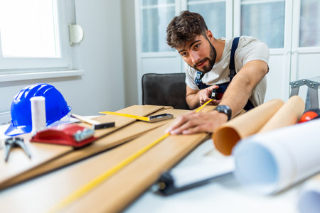 A young man works diligently on renovating his apartment, focusing on the installation of laminate flooring. With the right tools in hand, he carefully measures and fits the laminate panels into place, transforming the space with his DIY skills.の写真素材