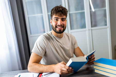 A young student sits at a desk surrounded by books, fully immersed in studying for an upcoming exam. His focused expression shows the dedication required as he works through his textbooks and notes.の写真素材