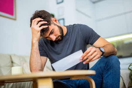 A young bearded man sits in his living room, surrounded by a pile of bills. With a worried expression, he struggles to keep up with the financial pressures of everyday life.の写真素材