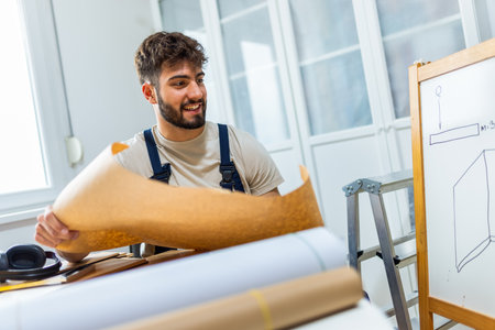 A young man works diligently on renovating his apartment, focusing on the installation of laminate flooring. With the right tools in hand, he carefully measures and fits the laminate panels into place, transforming the space with his DIY skills.の写真素材