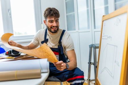 A young man works diligently on renovating his apartment, focusing on the installation of laminate flooring. With the right tools in hand, he carefully measures and fits the laminate panels into place, transforming the space with his DIY skills.の写真素材