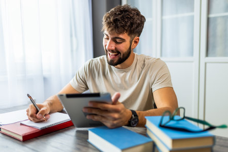 A young student sits at a desk surrounded by books, fully immersed in studying for an upcoming exam. His focused expression shows the dedication required as he works through his textbooks and notes.の写真素材