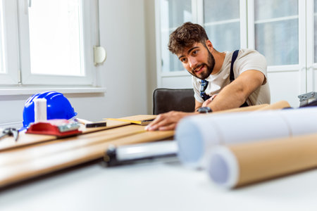 A young man works diligently on renovating his apartment, focusing on the installation of laminate flooring. With the right tools in hand, he carefully measures and fits the laminate panels into place, transforming the space with his DIY skills.の写真素材