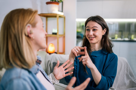 Two young girls are using sign language to talk to each other. One of them is wearing a hearing aid. They are smiling and enjoying the conversation.の写真素材