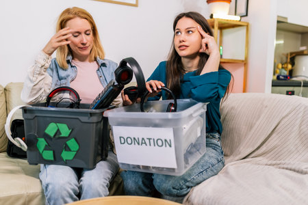 Two girls are holding a box with old computer parts, getting ready to recycle or donate them.の写真素材