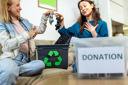 Two young girls are holding a donation box filled with old computer parts, getting ready to recycle them.の写真素材