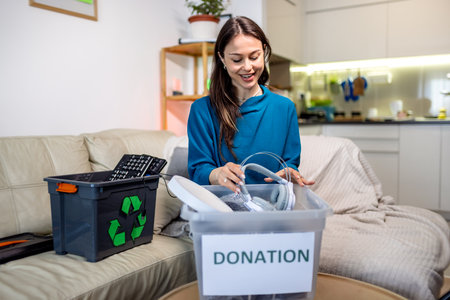 A young woman holds a donation box filled with old computer equipment, participating in an electronics recycling initiative.の写真素材