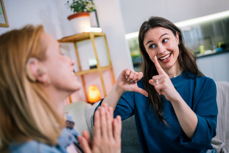 Two young girls are using sign language to talk to each other. One of them is wearing a hearing aid. They are smiling and enjoying the conversation.の写真素材