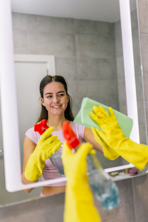 Cleaning the bathroom mirror: woman using a cloth to remove smudges.の写真素材