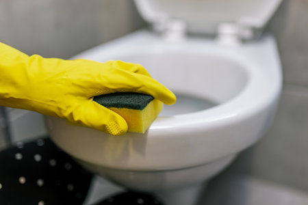 A close-up shot of a toilet seat being cleaned.の写真素材