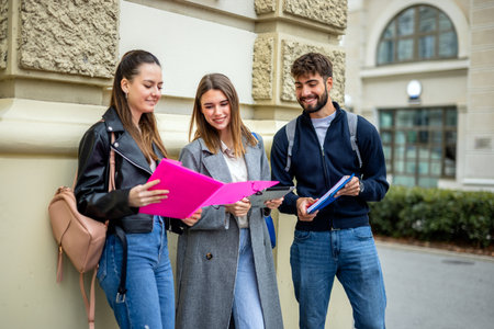 A group of three teenage students studying together. They are holding books and a tablet, discussing and sharing educational contentの写真素材
