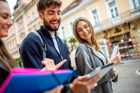 A group of three teenage students walking down a city street, studying together. They are holding books and a tablet, discussing and sharing educational content as they go.の写真素材