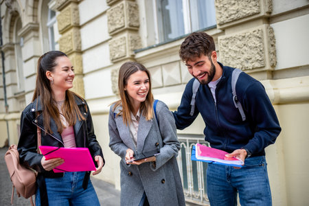 Three students stand together outdoors, holding books and literature, engaging in a lively conversation filled with laughter. Dressed casually and carrying backpacks.の写真素材