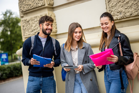 A group of three teenage students studying together. They are holding books and a tablet, discussing and sharing educational contentの写真素材