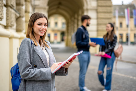A cheerful female student stands in the foreground, smiling warmly at the camera while holding a stack of books. Behind her, two classmates are visible, slightly out of focus, suggesting a collaborative academic environment.の写真素材