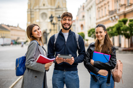Portrait of three students smiling art the camera while they hold books and tablet.の写真素材