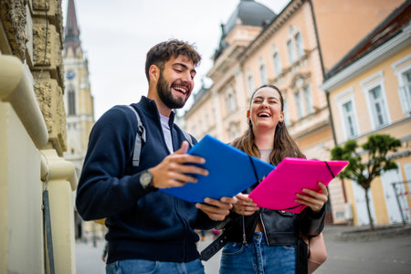 Students walk down a city street while holding literature books and engaging in an educational conversation.の写真素材
