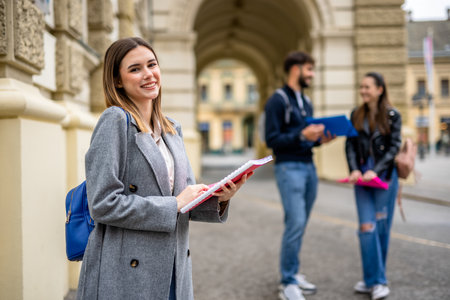A cheerful female student stands in the foreground, smiling warmly at the camera while holding a stack of books. Behind her, two classmates are visible, slightly out of focus, suggesting a collaborative academic environment.の写真素材