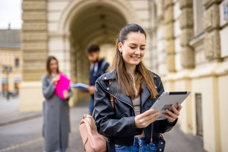A confident and smiling female student stands in the foreground, holding a tablet and looking directly at the camera.の写真素材