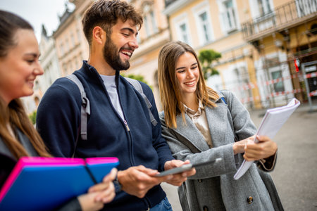 A group of three teenage students are walking down a city street, studying together. They are...