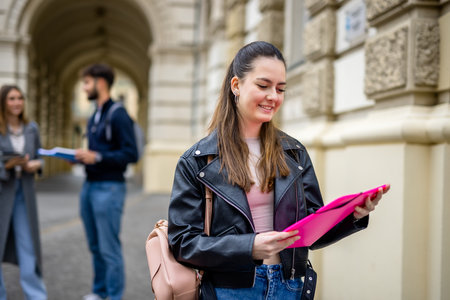 Portrait of happy female student who holds folder while her classmates are in the background.の写真素材