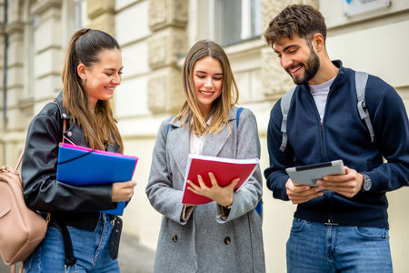 Three students discuss lectures and literature while they are outside. They look in books, tablet and papers.の写真素材