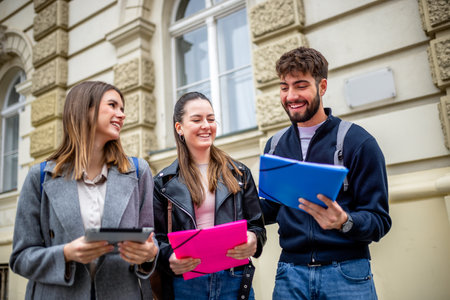 Three students stand together outdoors, holding books and literature, engaging in a lively conversation filled with laughter. Dressed casually and carrying backpacks.の写真素材