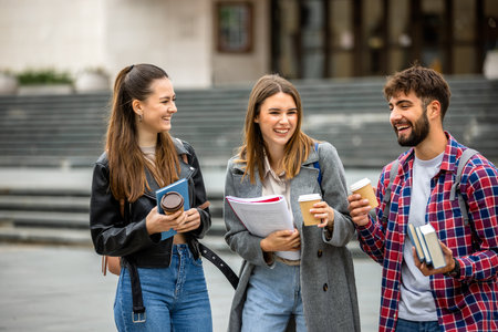 Three university students studying together outside on a sunny day. One student brought coffee to go, adding a casual  touch to the study session.の写真素材