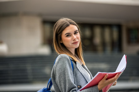 A young female student standing outside and reading a book on a sunny day. She is focused and immersed in her studies.の写真素材