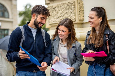 Three university students studying together outside on campus.の写真素材