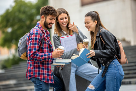 Three university students studying together outside on a sunny day. One student brought coffee to go, adding a casual  touch to the study session.の写真素材